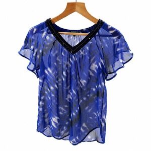 Express Womens Blue Abstract Chiffon V-Neck Sequin Trim Flutter Sleeve Blouse M